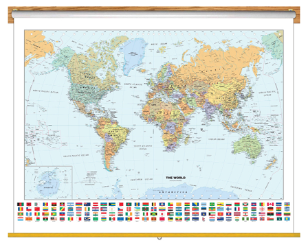 Classic World Wall Map with Flags Classroom Pull Down